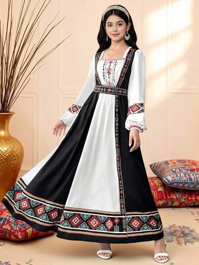 SHEIN فستان كاجوال منسوج بأكمام طويلة وياقة مربعة مطبوع للمراهقات