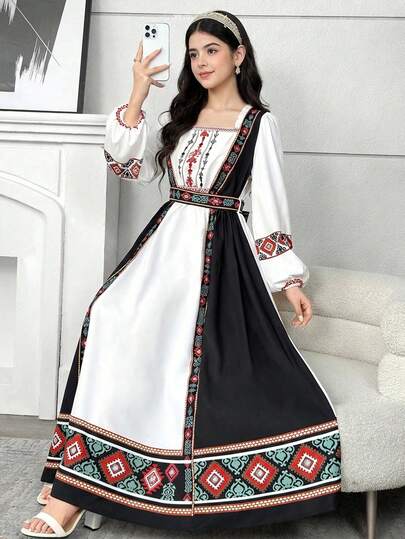 SHEIN فستان كاجوال منسوج بأكمام طويلة وياقة مربعة مطبوع للمراهقات