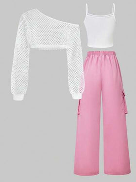 SHEIN ChillGRL 3 قطع مجموعة قميص كاجوال مضفر، أربطة وبنطال ساق واسعة، مريحة وأنيقة للمراهقين، مناسبة للرياضة الخارجية والأنشطة اليومية والترفيه، تصميم كتف مائل