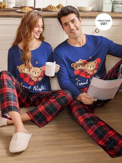 CoupledUp مجموعة بيجامة مربعات قلب للرجال 2 قطعة، ملابس منزلية للأزواج