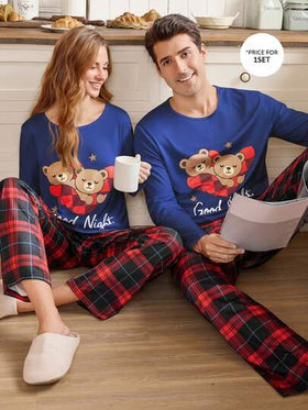 CoupledUp مجموعة بيجامة مربعات قلب للرجال 2 قطعة، ملابس منزلية للأزواج