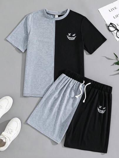 SHEIN مجموعة قميص وشورت كاجوال مطبوع للمراهقين الذكور، قميص كم قصير رقبة طاقم وشورت خفيف الوزن، مريح ومتعدد الاستخدامات للارتداء اليومي، المدرسة، الخروجات، الأنشطة الخارجية، مهرجانات الموسيقى، العطلات، عطلات الشاطئ، الصيف، قطعتان/مجموعة