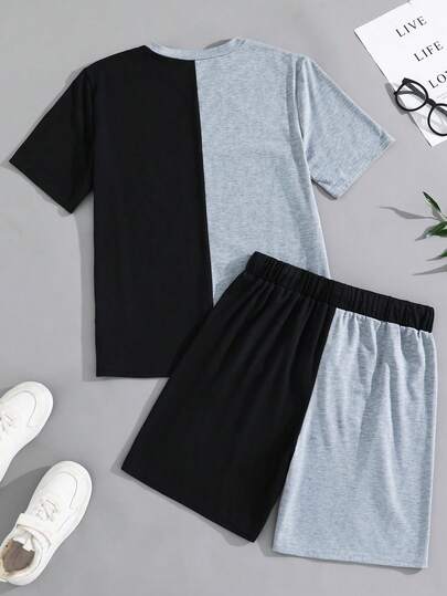 SHEIN مجموعة قميص وشورت كاجوال مطبوع للمراهقين الذكور، قميص كم قصير رقبة طاقم وشورت خفيف الوزن، مريح ومتعدد الاستخدامات للارتداء اليومي، المدرسة، الخروجات، الأنشطة الخارجية، مهرجانات الموسيقى، العطلات، عطلات الشاطئ، الصيف، قطعتان/مجموعة