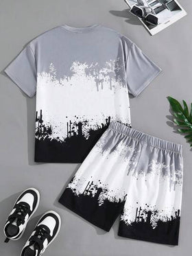 SHEIN مجموعة قميص وشورت بطبعة ملونة وحرف للمراهقين الذكور، مريحة ومتعددة الاستخدامات، مناسبة للارتداء اليومي، المدرسة، الخروجات، الأنشطة الخارجية، مهرجانات الموسيقى، العطلات، عطلات الشاطئ، الصيف، الربيع/الصيف، 2 قطعة/مجموعة