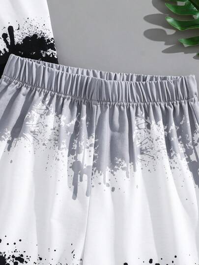 SHEIN مجموعة قميص وشورت بطبعة ملونة وحرف للمراهقين الذكور، مريحة ومتعددة الاستخدامات، مناسبة للارتداء اليومي، المدرسة، الخروجات، الأنشطة الخارجية، مهرجانات الموسيقى، العطلات، عطلات الشاطئ، الصيف، الربيع/الصيف، 2 قطعة/مجموعة