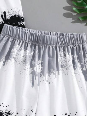 SHEIN مجموعة قميص وشورت بطبعة ملونة وحرف للمراهقين الذكور، مريحة ومتعددة الاستخدامات، مناسبة للارتداء اليومي، المدرسة، الخروجات، الأنشطة الخارجية، مهرجانات الموسيقى، العطلات، عطلات الشاطئ، الصيف، الربيع/الصيف، 2 قطعة/مجموعة