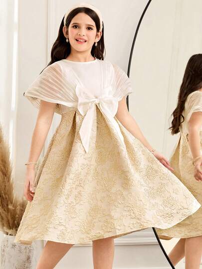 SHEIN فستان أنيق بتصميم الكتل اللونية والفيونكة للفتيات المراهقات