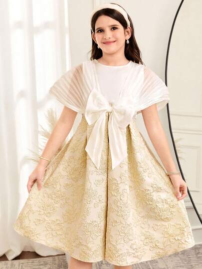 SHEIN فستان أنيق بتصميم الكتل اللونية والفيونكة للفتيات المراهقات