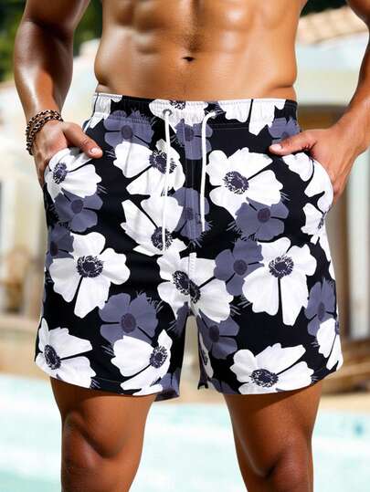 Manfinity Swimmode شورتات سباحة للرجال مطبوعة بطبعات عطلة الشاطئ مع رباط للسحب، شورتات سباحة متطابقة للرجال، شورتات سباحة للرجال، ملابس شاطئ للرجال، شورتات سباحة للرجال، شورتات سباحة هاواي