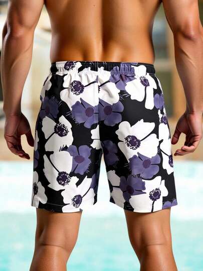 Manfinity Swimmode شورتات سباحة للرجال مطبوعة بطبعات عطلة الشاطئ مع رباط للسحب، شورتات سباحة متطابقة للرجال، شورتات سباحة للرجال، ملابس شاطئ للرجال، شورتات سباحة للرجال، شورتات سباحة هاواي
