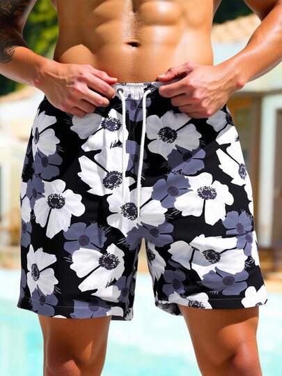 Manfinity Swimmode شورتات سباحة للرجال مطبوعة بطبعات عطلة الشاطئ مع رباط للسحب، شورتات سباحة متطابقة للرجال، شورتات سباحة للرجال، ملابس شاطئ للرجال، شورتات سباحة للرجال، شورتات سباحة هاواي