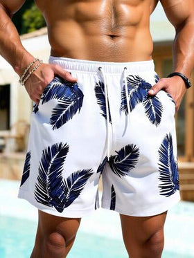 Manfinity Swimmode شورت شاطئ للرجال مطبوع بنقشة النباتات الاستوائية، خصر بسحاب، جيوب، بدلة سباحة للأزواج متطابقة له وللشريكة، بدلة سباحة متطابقة للأزواج، بدلة سباحة متطابقة له وللشريكة، بدلة سباحة للرجال مطبوعة بالكامل