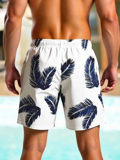Manfinity Swimmode شورت شاطئ للرجال مطبوع بنقشة النباتات الاستوائية، خصر بسحاب، جيوب، بدلة سباحة للأزواج متطابقة له وللشريكة، بدلة سباحة متطابقة للأزواج، بدلة سباحة متطابقة له وللشريكة، بدلة سباحة للرجال مطبوعة بالكامل