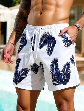 Manfinity Swimmode شورت شاطئ للرجال مطبوع بنقشة النباتات الاستوائية، خصر بسحاب، جيوب، بدلة سباحة للأزواج متطابقة له وللشريكة، بدلة سباحة متطابقة للأزواج، بدلة سباحة متطابقة له وللشريكة، بدلة سباحة للرجال مطبوعة بالكامل