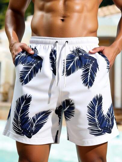 Manfinity Swimmode شورت شاطئ للرجال مطبوع بنقشة النباتات الاستوائية، خصر بسحاب، جيوب، بدلة سباحة للأزواج متطابقة له وللشريكة، بدلة سباحة متطابقة للأزواج، بدلة سباحة متطابقة له وللشريكة، بدلة سباحة للرجال مطبوعة بالكامل