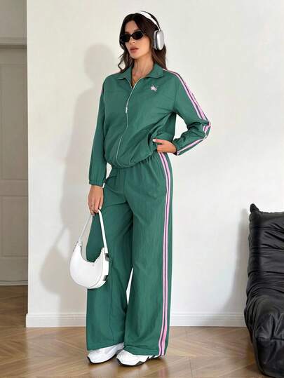 SHEIN Tall مجموعة قطعتين للنساء، جاكيت وبنطلون مخطط ملون منسوج، بدلة رياضية للنساء، مجموعة كاجوال قطعتين
