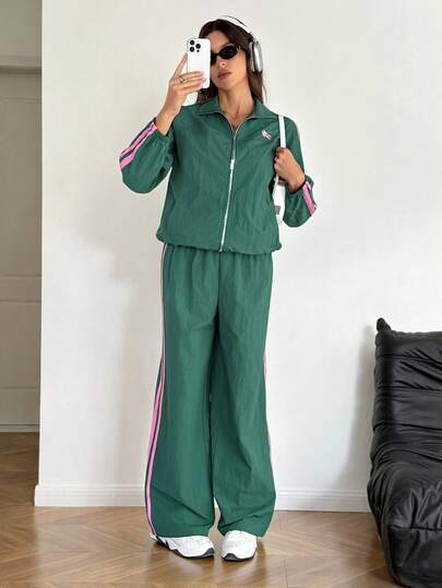 SHEIN Tall مجموعة قطعتين للنساء، جاكيت وبنطلون مخطط ملون منسوج، بدلة رياضية للنساء، مجموعة كاجوال قطعتين