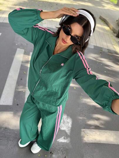 SHEIN Tall مجموعة قطعتين للنساء، جاكيت وبنطلون مخطط ملون منسوج، بدلة رياضية للنساء، مجموعة كاجوال قطعتين