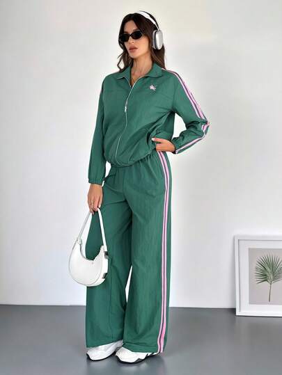 SHEIN Tall مجموعة قطعتين للنساء، جاكيت وبنطلون مخطط ملون منسوج، بدلة رياضية للنساء، مجموعة كاجوال قطعتين