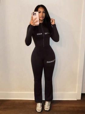 Slaydiva طقم نسائي من قطعتين عارضة بأكمام طويلة وجيب بسحاب عالي المرونة للربيع والخريف