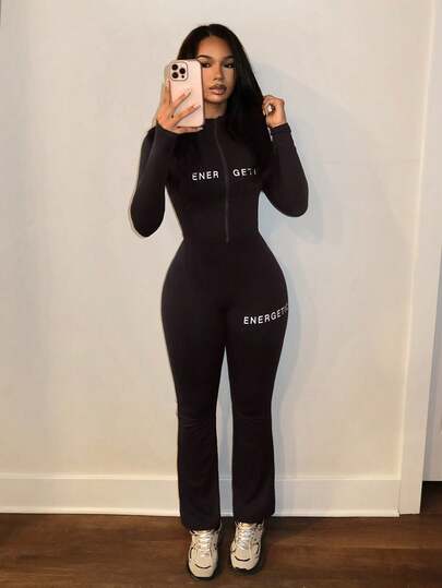Slaydiva طقم نسائي من قطعتين عارضة بأكمام طويلة وجيب بسحاب عالي المرونة للربيع والخريف