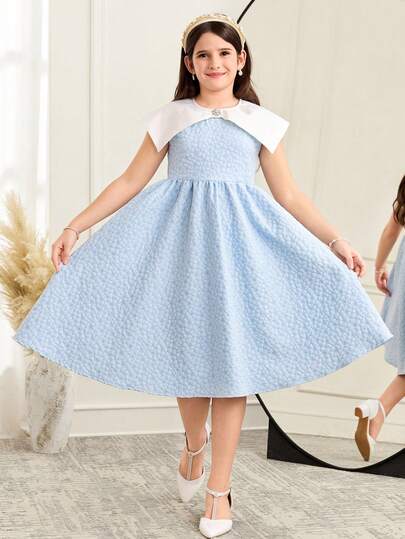SHEIN فستان أنيق كاجوال للفتيات المراهقات، طراز جاكارد بألوان متباينة، ياقة دمية كبيرة مزينة بالراين ستون، ربطة خصر، بدون أكمام، مناسب لحفلات الزفاف والعطلات والأعياد، باللون الأزرق، موسم الزفاف، حفلة عيد الميلاد، عيد الحب، مطابق لملابس الأخت