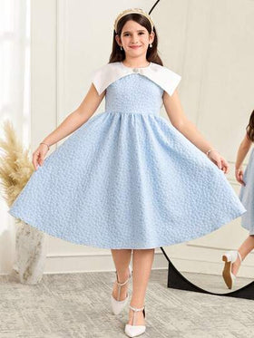 SHEIN فستان أنيق كاجوال للفتيات المراهقات، طراز جاكارد بألوان متباينة، ياقة دمية كبيرة مزينة بالراين ستون، ربطة خصر، بدون أكمام، مناسب لحفلات الزفاف والعطلات والأعياد، باللون الأزرق، موسم الزفاف، حفلة عيد الميلاد، عيد الحب، مطابق لملابس الأخت