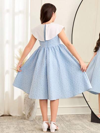 SHEIN فستان أنيق كاجوال للفتيات المراهقات، طراز جاكارد بألوان متباينة، ياقة دمية كبيرة مزينة بالراين ستون، ربطة خصر، بدون أكمام، مناسب لحفلات الزفاف والعطلات والأعياد، باللون الأزرق، موسم الزفاف، حفلة عيد الميلاد، عيد الحب، مطابق لملابس الأخت