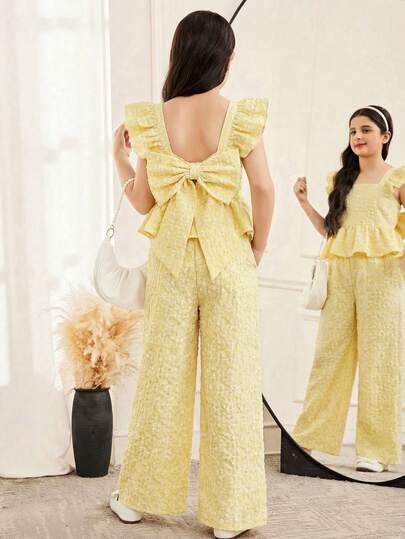 SHEIN مجموعة قميص وبنطلون للفتيات المراهقات بتصميم رقعي وألوان متباينة مع كشكشة على الهيم