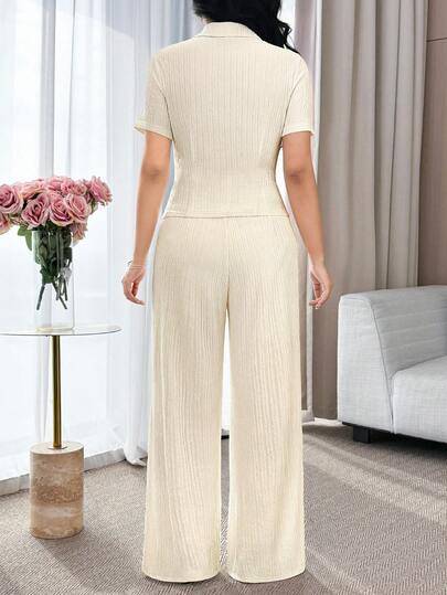 Modelyn طقم ملابس علوية قصيرة الأكمام ذات الصدر المزدوج وبنطال واسع الساق أنيق للذهاب إلى العمل، مكون من قطعتين للنساء
