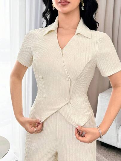 Modelyn طقم ملابس علوية قصيرة الأكمام ذات الصدر المزدوج وبنطال واسع الساق أنيق للذهاب إلى العمل، مكون من قطعتين للنساء