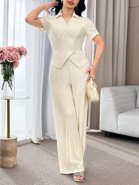 Modelyn طقم ملابس علوية قصيرة الأكمام ذات الصدر المزدوج وبنطال واسع الساق أنيق للذهاب إلى العمل، مكون من قطعتين للنساء