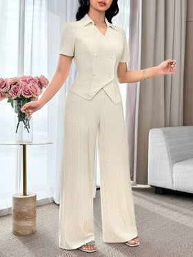Modelyn طقم ملابس علوية قصيرة الأكمام ذات الصدر المزدوج وبنطال واسع الساق أنيق للذهاب إلى العمل، مكون من قطعتين للنساء