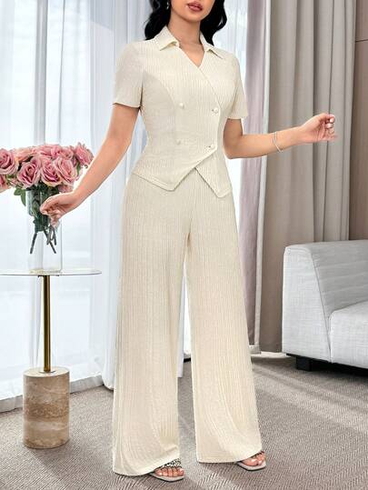 Modelyn طقم ملابس علوية قصيرة الأكمام ذات الصدر المزدوج وبنطال واسع الساق أنيق للذهاب إلى العمل، مكون من قطعتين للنساء