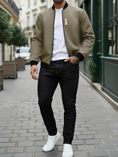 Manfinity Homme جاكيت كاجوال بأكمام طويلة وسحاب وياقة بيسبول مطرزة للرجال