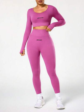 Seamluxe SHEIN Sport مجموعة ملابس رياضية للنساء بخصر عالي بدون غرز وتحكم في البطن، بأكمام طويلة وبنطال طويل مطبوع عليه حرف
