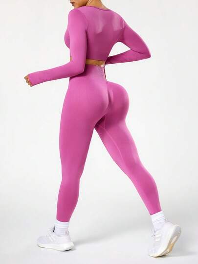 Seamluxe SHEIN Sport مجموعة ملابس رياضية للنساء بخصر عالي بدون غرز وتحكم في البطن، بأكمام طويلة وبنطال طويل مطبوع عليه حرف