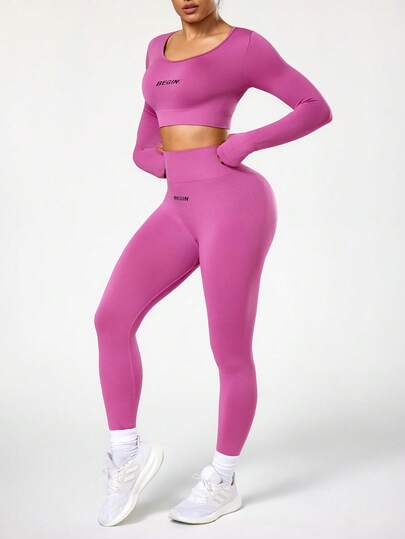 Seamluxe SHEIN Sport مجموعة ملابس رياضية للنساء بخصر عالي بدون غرز وتحكم في البطن، بأكمام طويلة وبنطال طويل مطبوع عليه حرف
