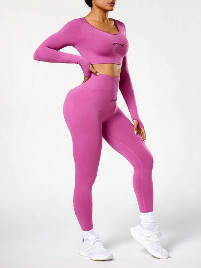 Seamluxe SHEIN Sport مجموعة ملابس رياضية للنساء بخصر عالي بدون غرز وتحكم في البطن، بأكمام طويلة وبنطال طويل مطبوع عليه حرف