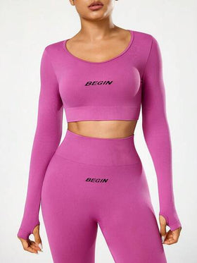 Seamluxe SHEIN Sport مجموعة ملابس رياضية للنساء بخصر عالي بدون غرز وتحكم في البطن، بأكمام طويلة وبنطال طويل مطبوع عليه حرف