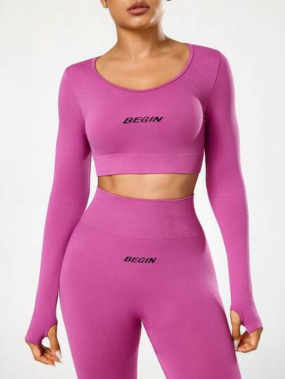 Seamluxe SHEIN Sport مجموعة ملابس رياضية للنساء بخصر عالي بدون غرز وتحكم في البطن، بأكمام طويلة وبنطال طويل مطبوع عليه حرف