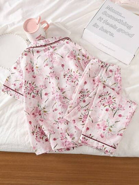 بلوزة كارديجان مزخرفة بالأزهار والمربعات المطبوعة مع بنطلون، طقم ملابس كاجوال خفيف الوزن، ملابس منزلية للربيع والصيف