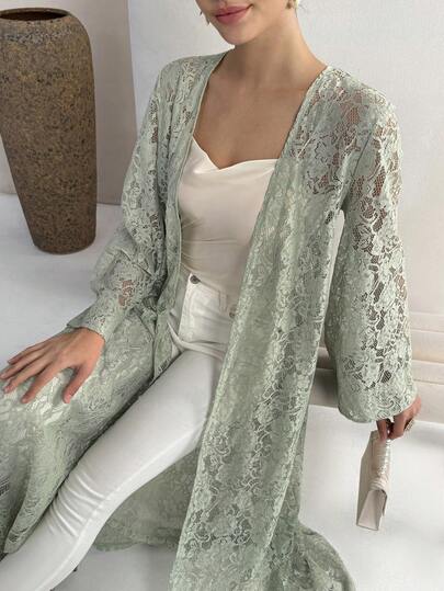 Yasmyna عباءة نسائية فضفاضة أنيقة بأكمام جرس من الدانتيل