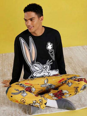 LOONEY TUNES X SHEIN مجموعة بنطلون وتي شيرت بأكمام طويلة مطبوع بصورة رجالي كاجوال فضفاض، مجموعة ملابس منزلية 2 قطعة