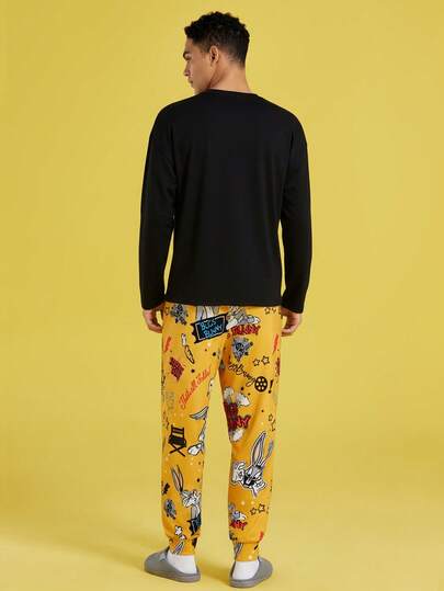 LOONEY TUNES X SHEIN مجموعة بنطلون وتي شيرت بأكمام طويلة مطبوع بصورة رجالي كاجوال فضفاض، مجموعة ملابس منزلية 2 قطعة