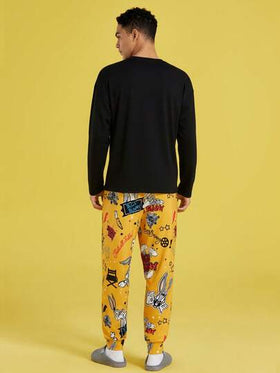 LOONEY TUNES X SHEIN مجموعة بنطلون وتي شيرت بأكمام طويلة مطبوع بصورة رجالي كاجوال فضفاض، مجموعة ملابس منزلية 2 قطعة