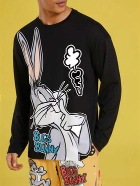LOONEY TUNES X SHEIN مجموعة بنطلون وتي شيرت بأكمام طويلة مطبوع بصورة رجالي كاجوال فضفاض، مجموعة ملابس منزلية 2 قطعة