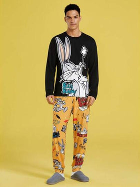 LOONEY TUNES X SHEIN مجموعة بنطلون وتي شيرت بأكمام طويلة مطبوع بصورة رجالي كاجوال فضفاض، مجموعة ملابس منزلية 2 قطعة