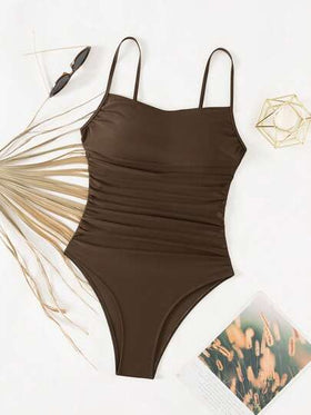 Swim Lushoire بدلة سباحة قطعة واحدة للنساء بحمالات رفيعة، لون بني داكن، مناسبة للعطلات والشاطئ، للربيع والصيف