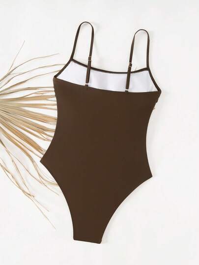 Swim Lushoire بدلة سباحة قطعة واحدة للنساء بحمالات رفيعة، لون بني داكن، مناسبة للعطلات والشاطئ، للربيع والصيف